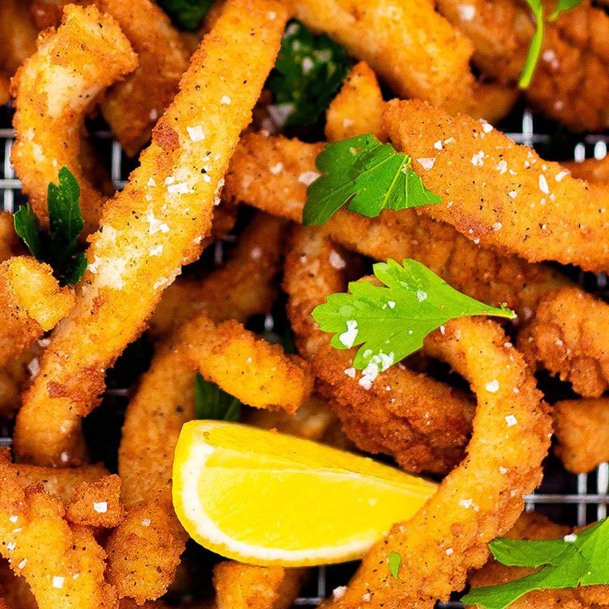 Calamari Strips, 2 Fish Cakes and Chips